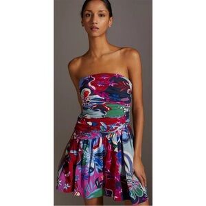 Anthropologie Strapless Floral Mini Dress in Red, Pink, Green, Blue
